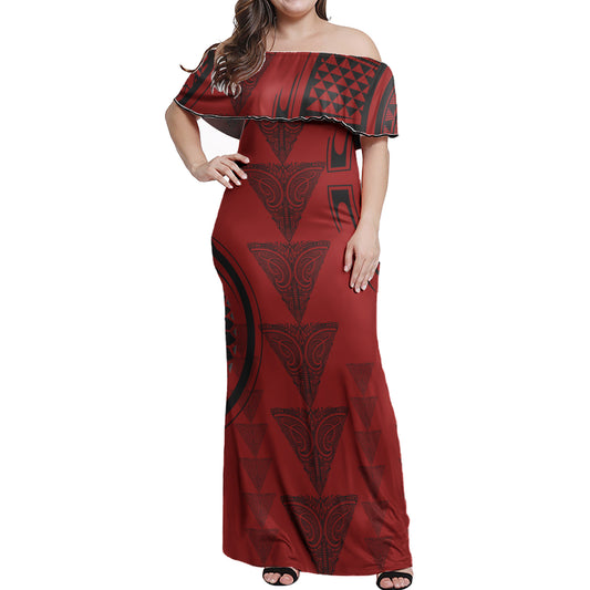 Polynesian Woman Off Shoulder Long Dress - Polynesian Design Pattern 08