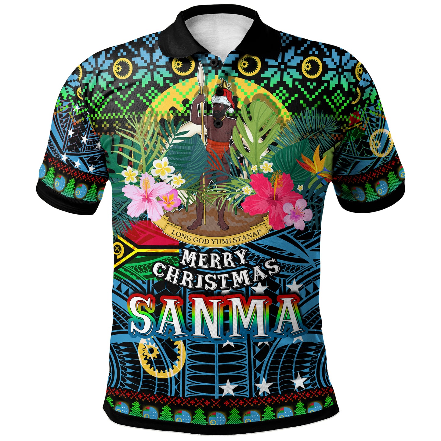Sanma Polynesian Christmas Polo Shirt - Custom Sanma Vanuatu Coat of Arms Christmas Hat Polynesian Patterns Polo Shirt