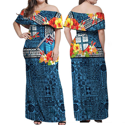 Fiji Combo Off Shoulder Long Dress And Shirt Bula Fiji Masi Tropical Flowers Special Design
