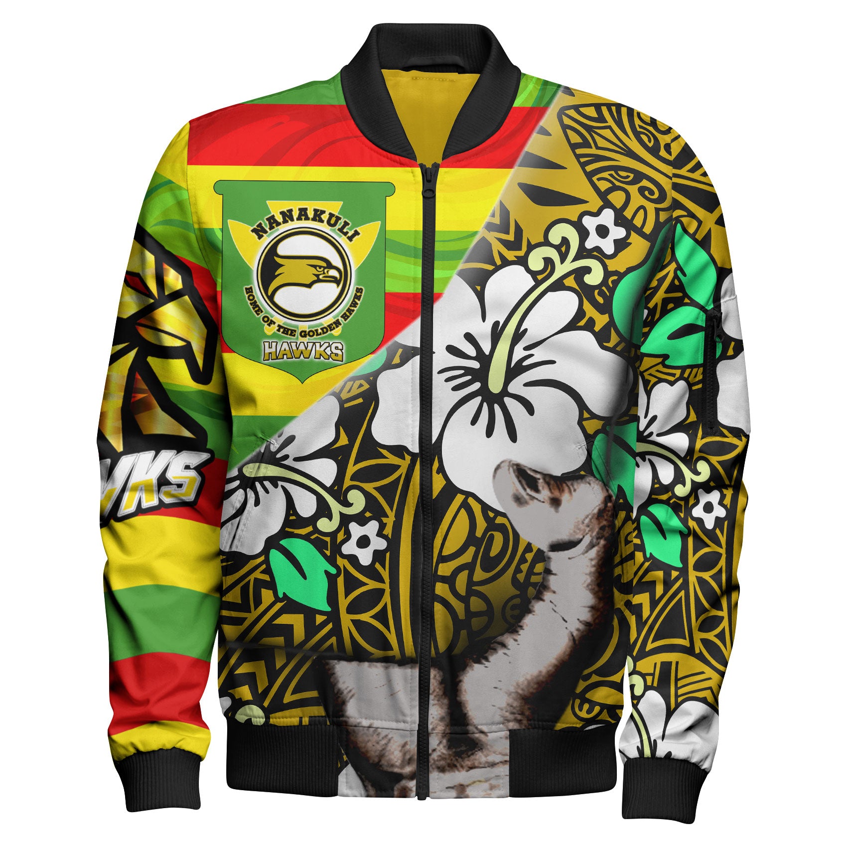 Hawaii Nanakuli High & Intermediate School Polynesian Patronage Bomber Jacket - The Golden Hawk Bloods In My Veins