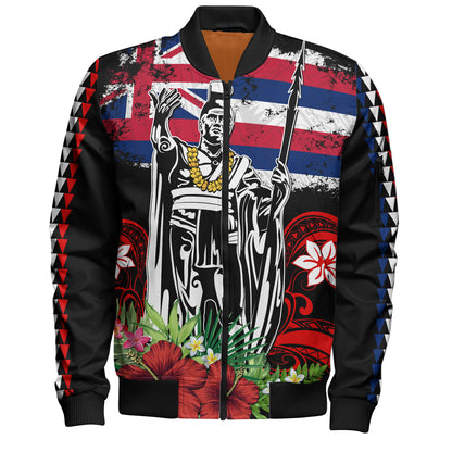 Hawaii Bomber Jacket King Kamehameha I Tribal Flag Tropical Style