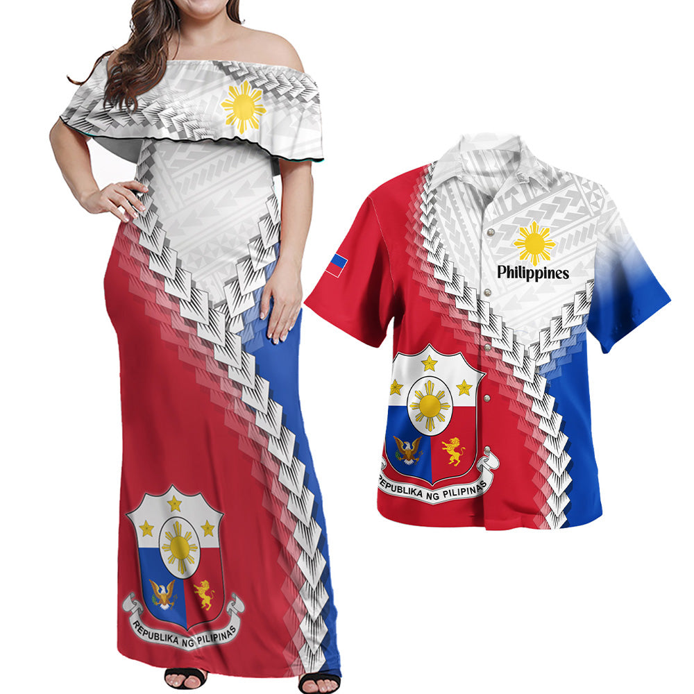 Philippines Filipinos Combo Off Shoulder Long Dress And Shirt Filipino Coat Of Arms With Tribal Patterns Flag Style