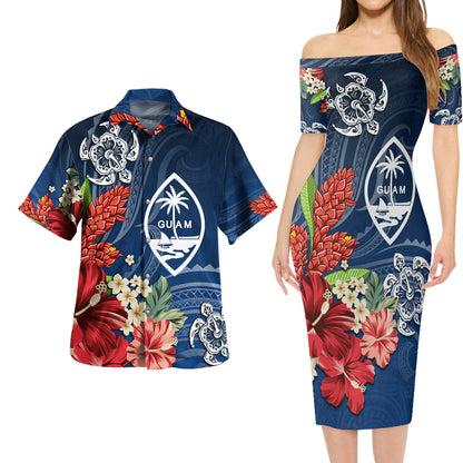 Guam Combo Short Sleeve Dress And Shirt  Flower And Turtle