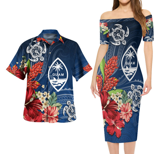 Guam Combo Short Sleeve Dress And Shirt  Flower And Turtle