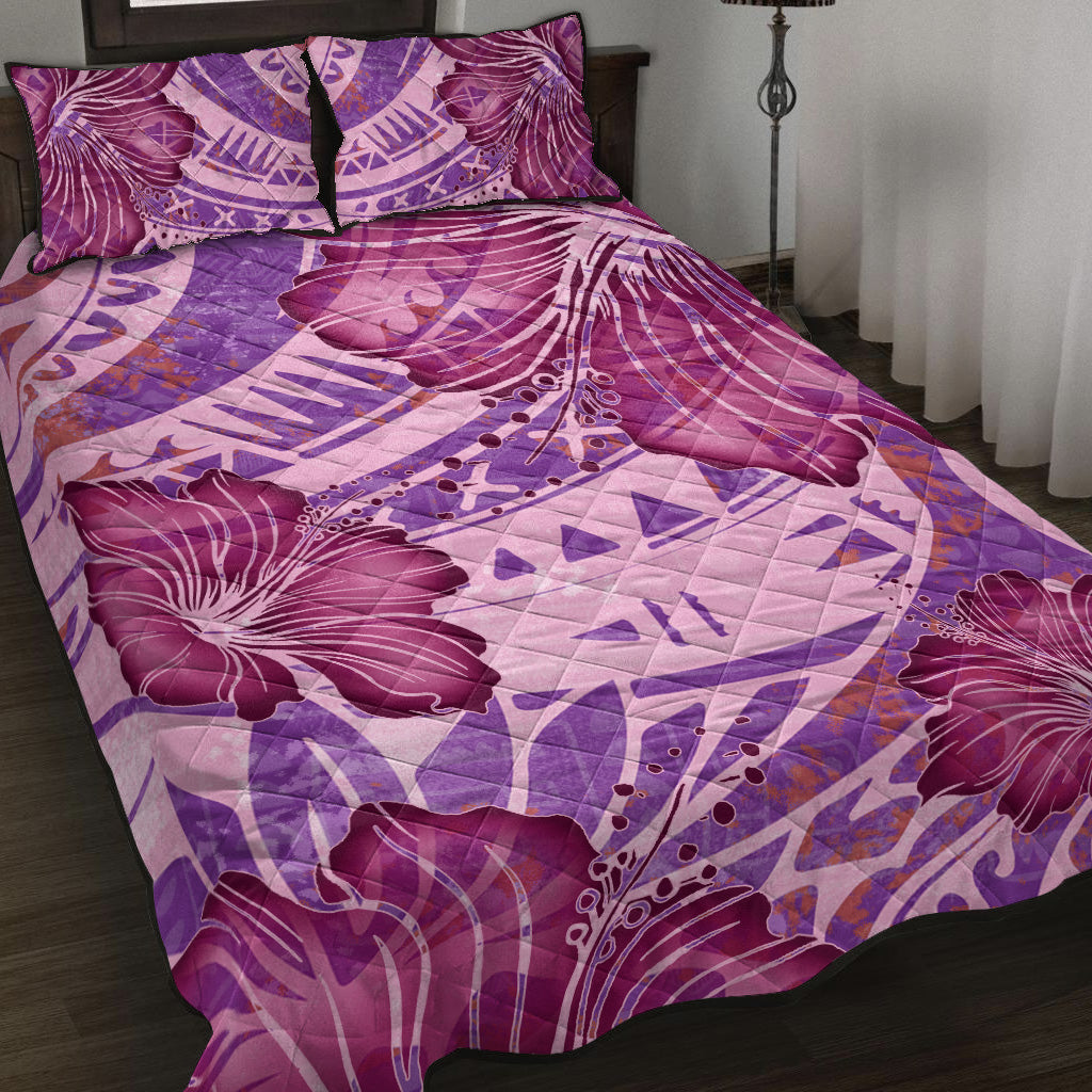 Hawaii Quilt Bed Set Polynesian Motif Purple Hibiscus