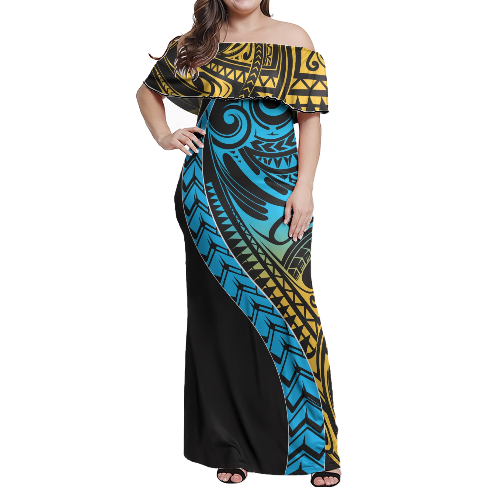 Polynesian Woman Off Shoulder Long Dress - Polynesian Design Pattern 03