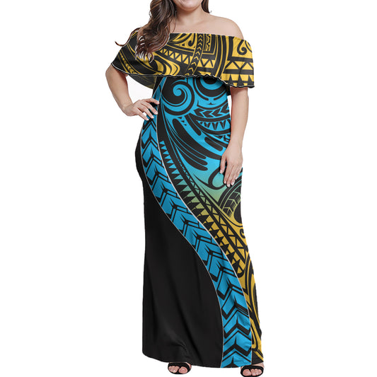 Polynesian Woman Off Shoulder Long Dress - Polynesian Design Pattern 03
