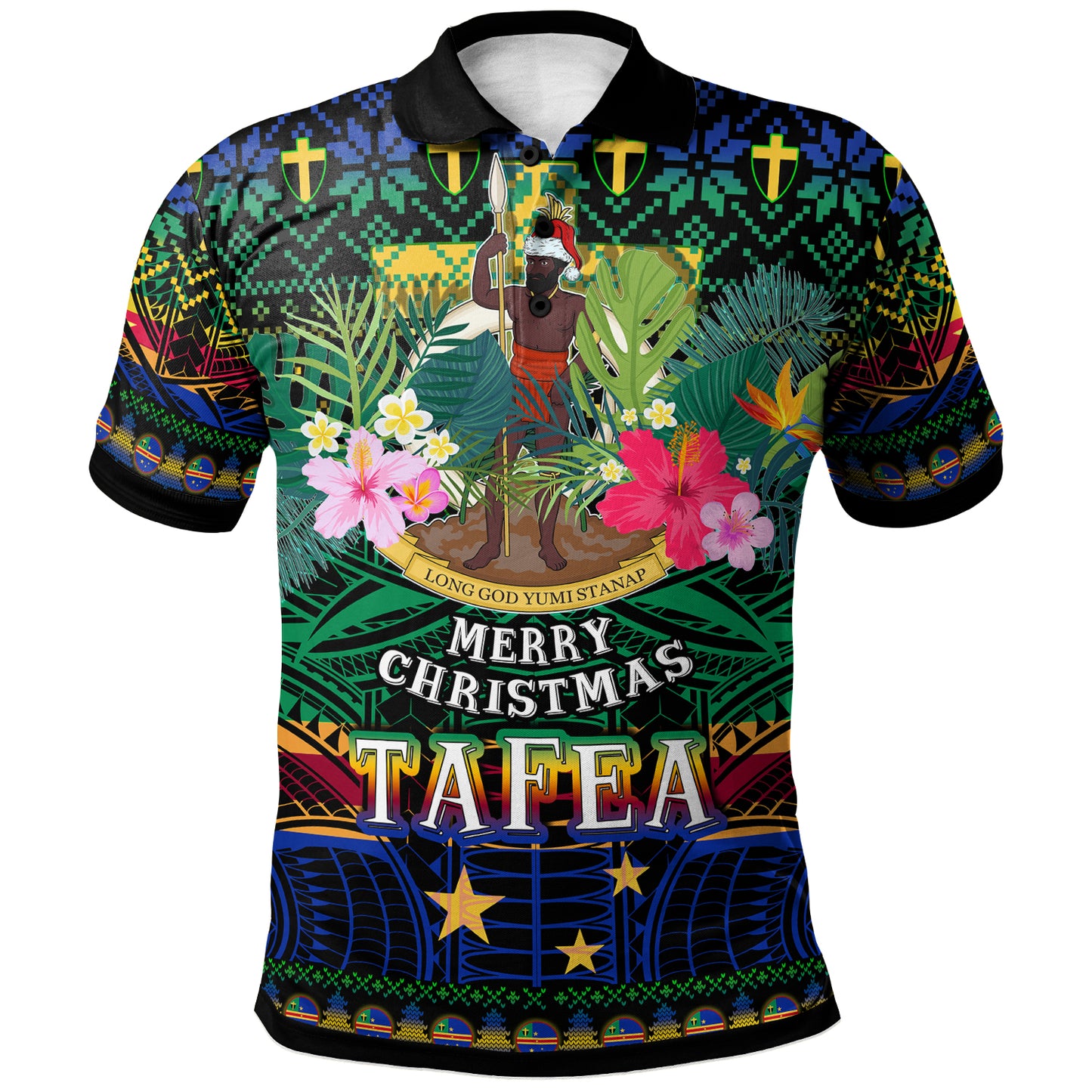 Tafea Polynesian Christmas Polo Shirt - Custom Tafea Vanuatu Coat of Arms Christmas Hat Polynesian Patterns Polo Shirt