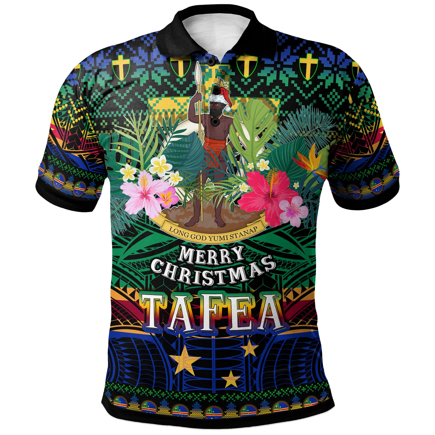 Tafea Polynesian Christmas Polo Shirt - Custom Tafea Vanuatu Coat of Arms Christmas Hat Polynesian Patterns Polo Shirt