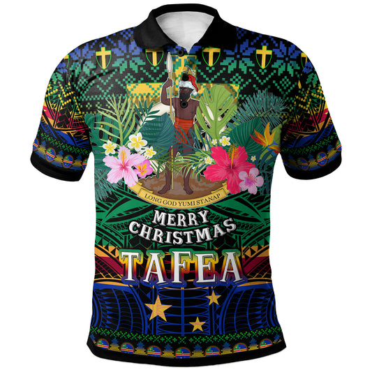 Tafea Polynesian Christmas Polo Shirt - Custom Tafea Vanuatu Coat of Arms Christmas Hat Polynesian Patterns Polo Shirt