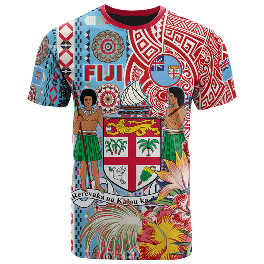 Fiji Polynesian T-shirt - Custom Fiji Coat of Arms With Tapa Patterns And Tribal Hibiscus T-shirt