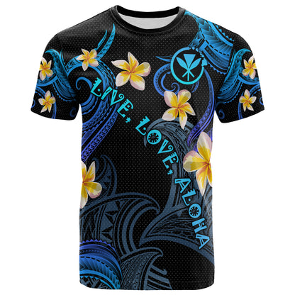 Personalized Kanaka Maoli T-shirt - Hawaii Polynesian Waves with Plumeria Flowers (Blue)