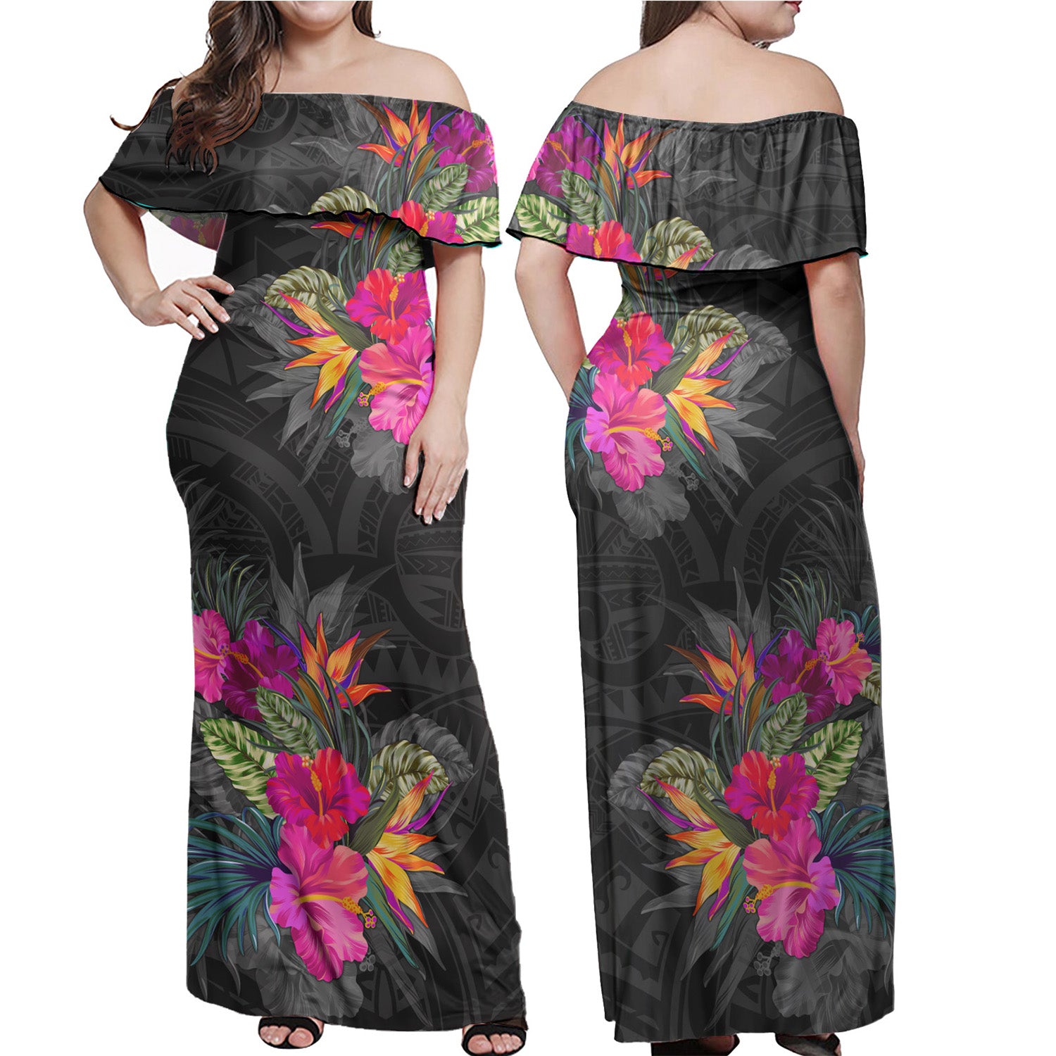 Polynesian Off Shoulder Long Dress Polynesian Tribal Tropical Flowers Special
