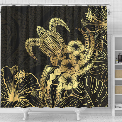 Hawaii Shower Curtain Tribal Polynesia Floral Gold Art