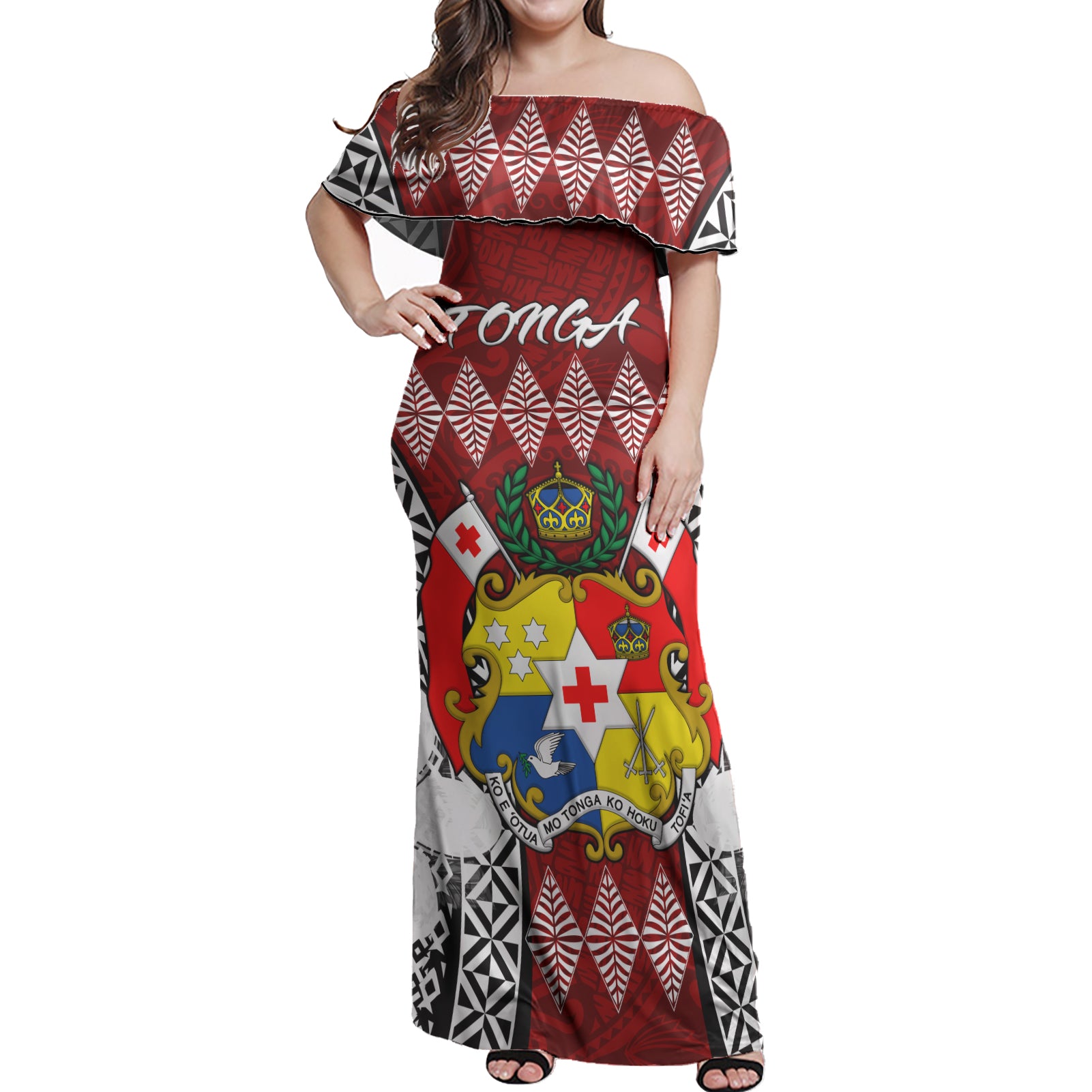 Tonga Woman Off Shoulder Long Dress - Pattern Inspired By Tonga And Polynesian With Coat Of Arms