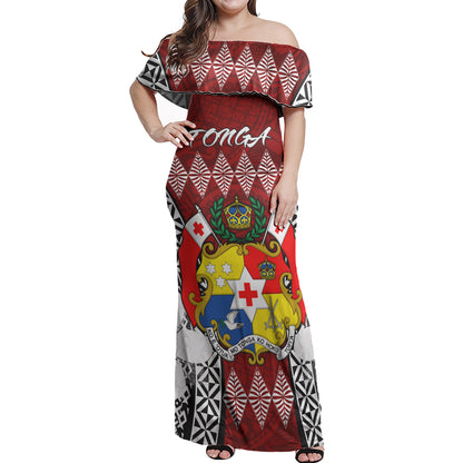 Tonga Woman Off Shoulder Long Dress - Pattern Inspired By Tonga And Polynesian With Coat Of Arms