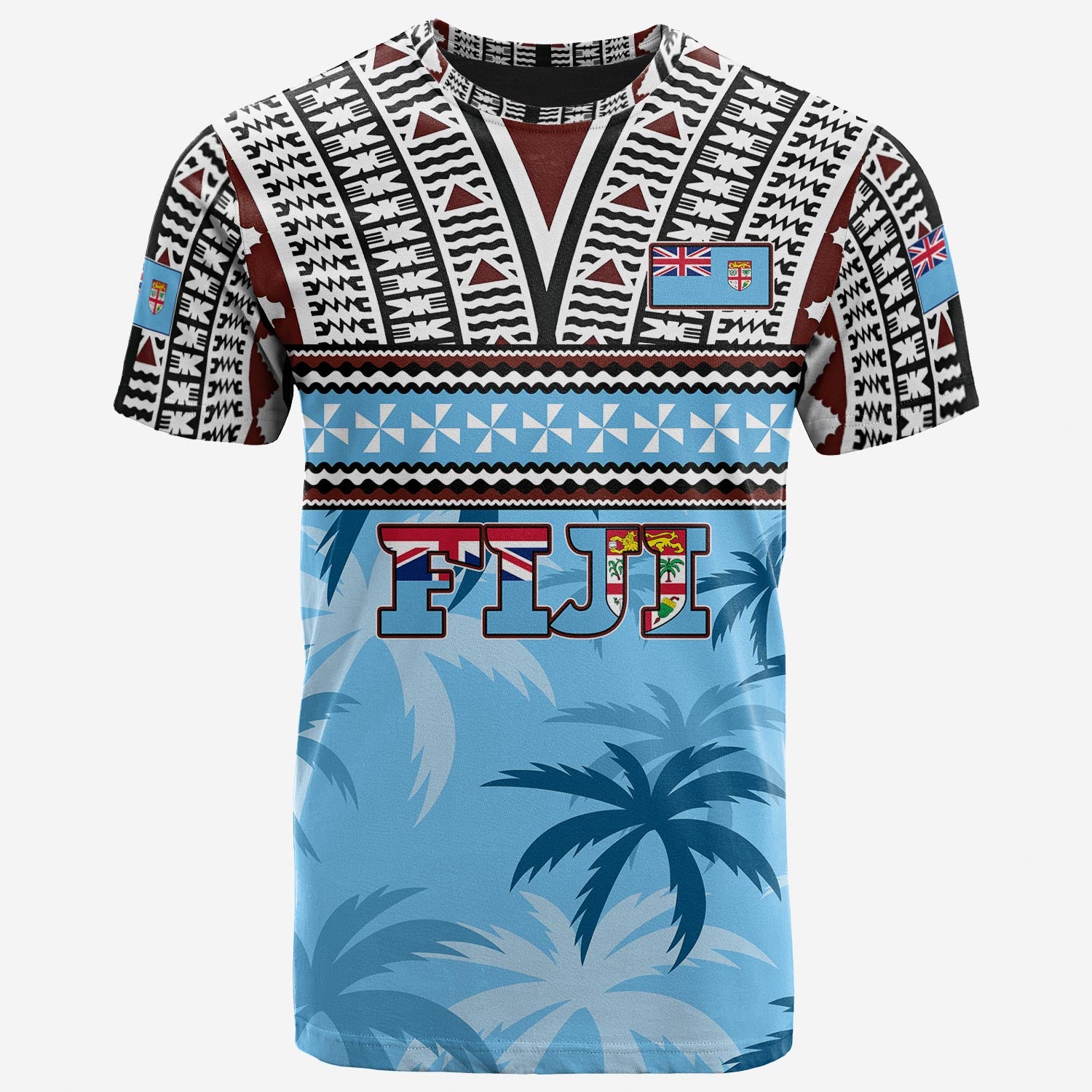 Fiji T-Shirt Fijian Tribal Masi Design With Tropical Palm Leaves
