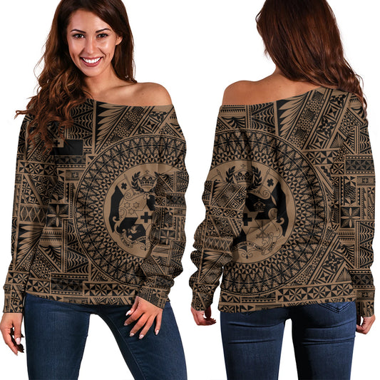 Tonga Off Shoulder Sweatshirt Royal Seal Tribal Pattern
