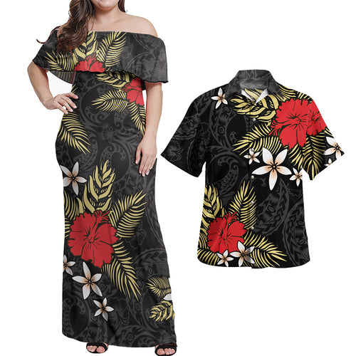 Polynesian Combo Off Shoulder Long Dress And Shirt Hibiscus Plumeria Flowers Polynesian Tribal Motif Patterns
