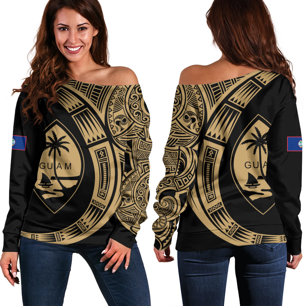 Guam Off Shoulder Sweatshirt Polynesia Tribal Spirits Of Guam Seal