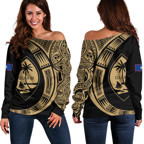 Guam Off Shoulder Sweatshirt Polynesia Tribal Spirits Of Guam Seal