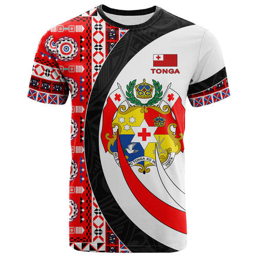 Tonga Polynesian Curve T-Shirt - Custom Tongan Kupesi Ngatu Patterns With Tonga Coat Of Arms