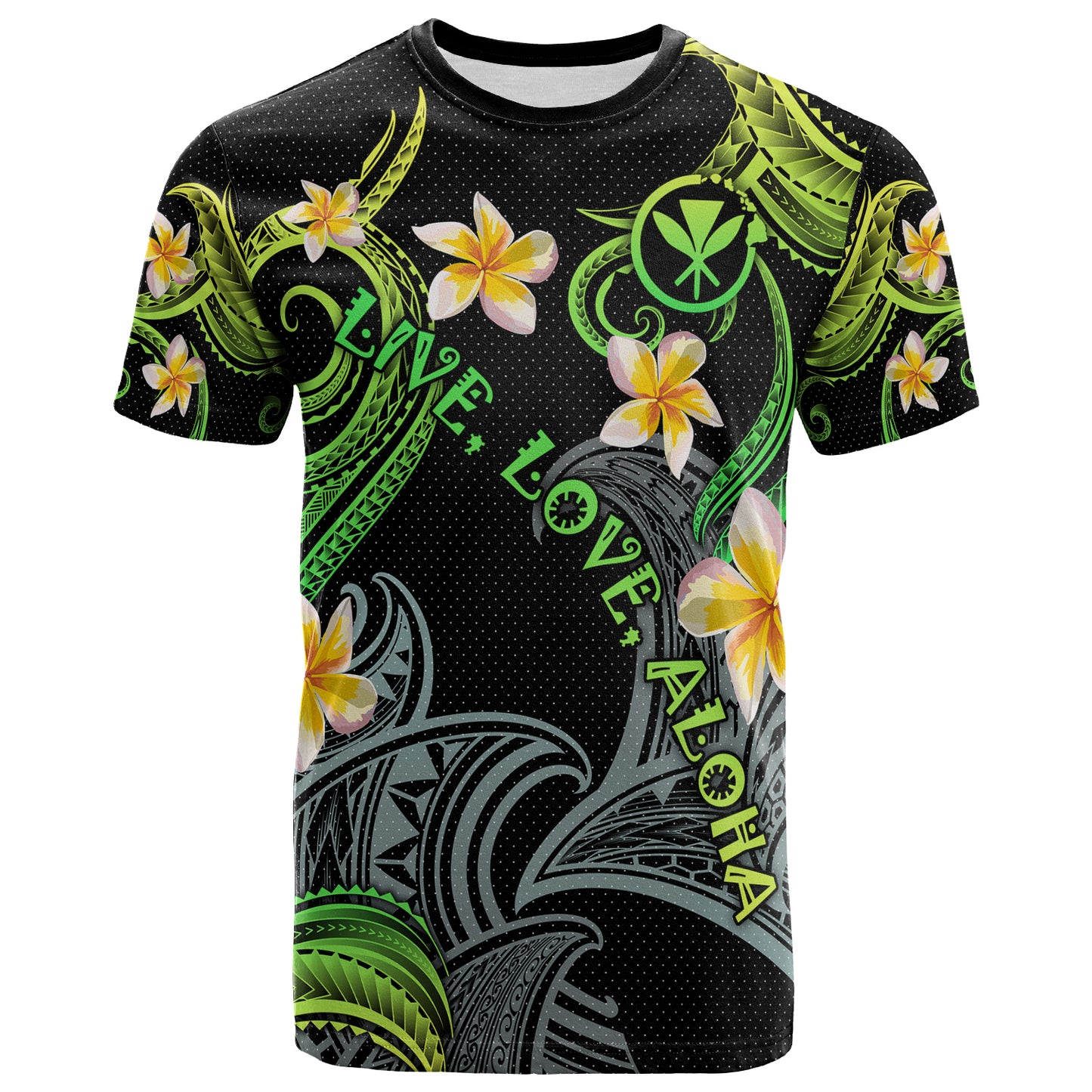 Personalized Kanaka Maoli T-shirt - Hawaii Polynesian Waves with Plumeria Flowers  (Green)