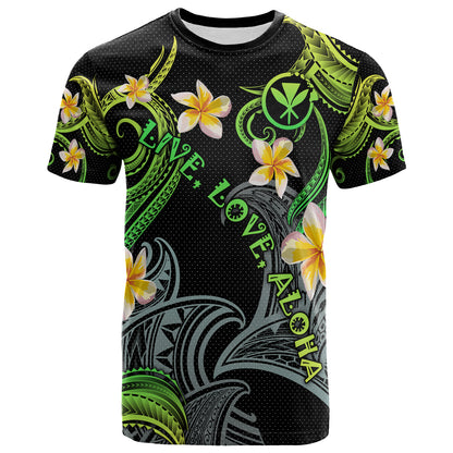 Personalized Kanaka Maoli T-shirt - Hawaii Polynesian Waves with Plumeria Flowers  (Green)