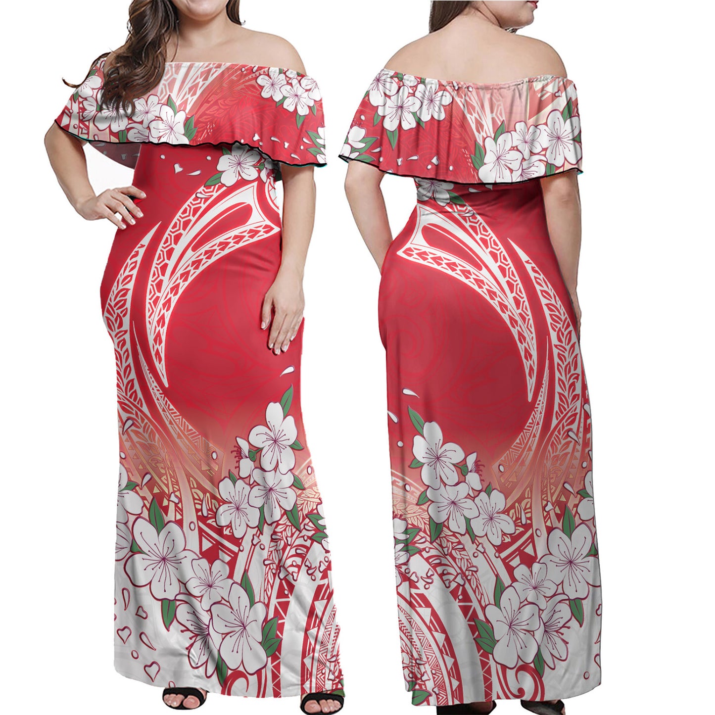 Polynesian Combo Off Shoulder Long Dress And Shirt Polynesian Pattern Style White Flowers