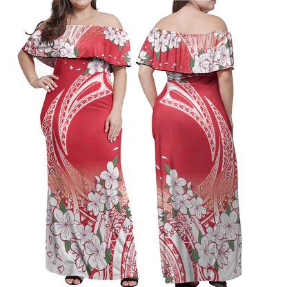 Polynesian Combo Off Shoulder Long Dress And Shirt Polynesian Pattern Style White Flowers