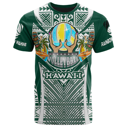 Hawaii Custom T-Shirt- Hawaii Rainbow Wahine Volleyball Pride With Polynesian Culture T-Shirt