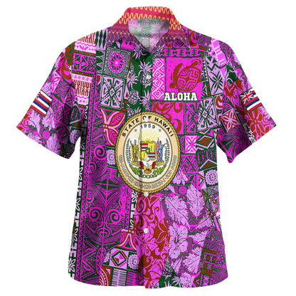 Hawaii Hawaiian Shirt - Hawaiian style tapa fabric patchwork abstract vintage with Hawaii map