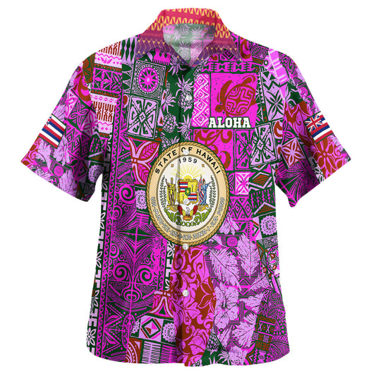 Hawaii Hawaiian Shirt - Hawaiian style tapa fabric patchwork abstract vintage with Hawaii map