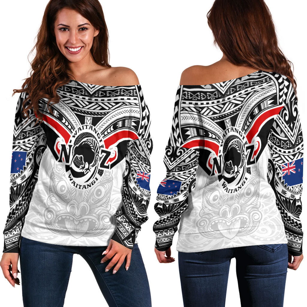 New Zealand Waitangi Day Off Shoulder Sweatshirt - New Zealand Kiwi Fern With Maori Koru Spiral White