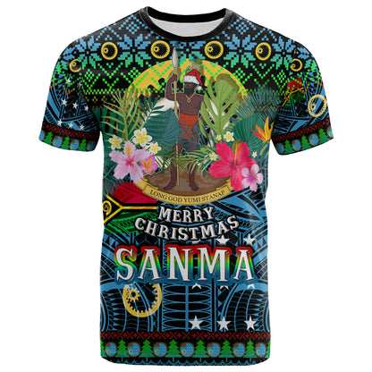 Sanma Polynesian Christmas T-Shirt - Custom Sanma Vanuatu Coat of Arms Christmas Hat Polynesian Patterns T-Shirt