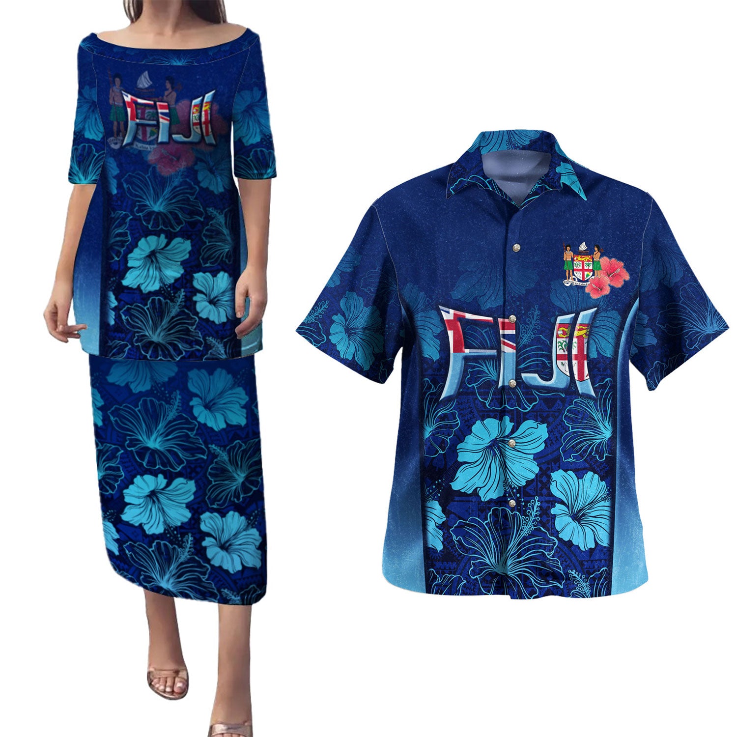 Fiji Combo Puletasi And Shirt Fijian Traditional Patterns Hibiscus Flowers