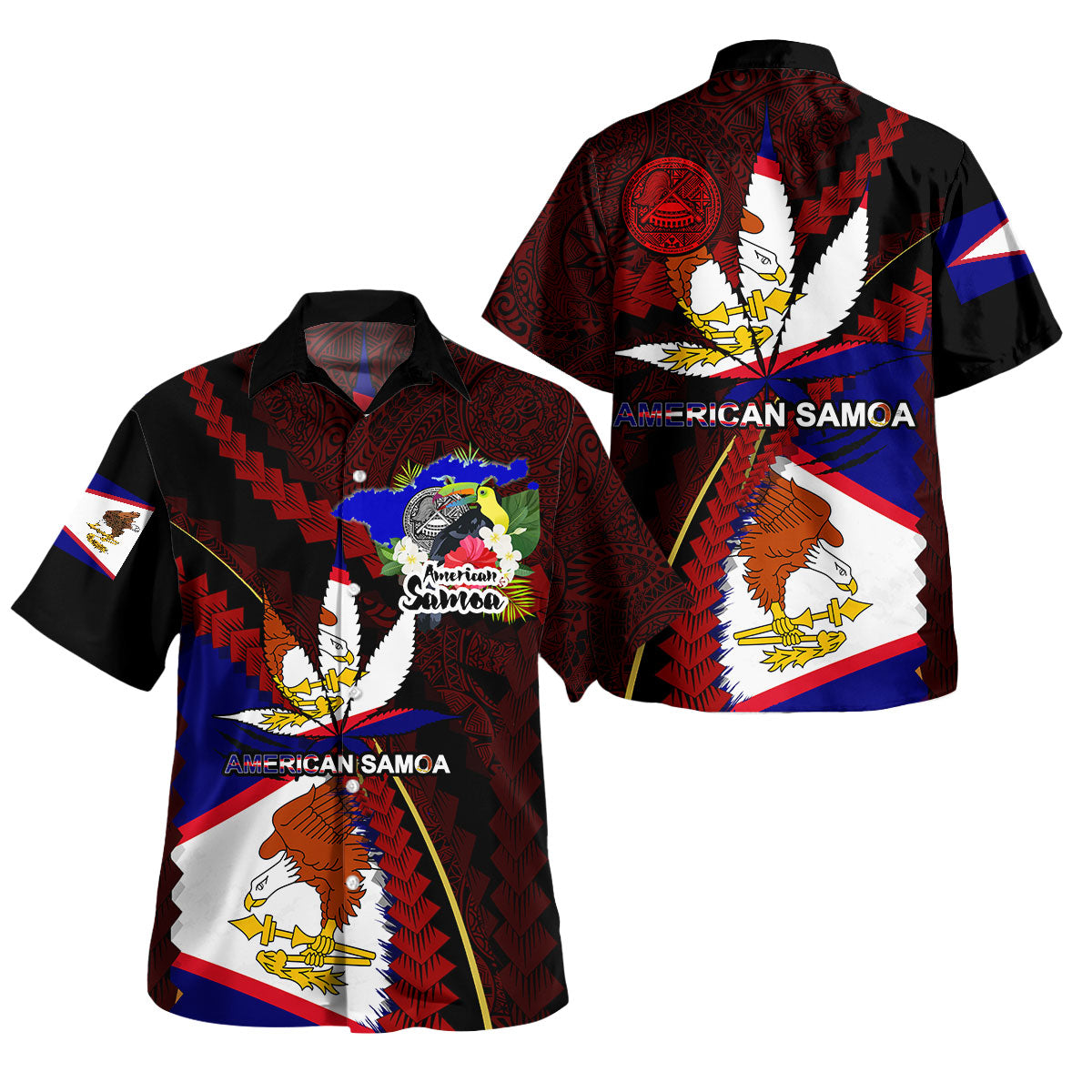 American Samoa Short Sleeve Shirt - Custom American Samoa State Flag And Marijuana Leaf Polynesian Style