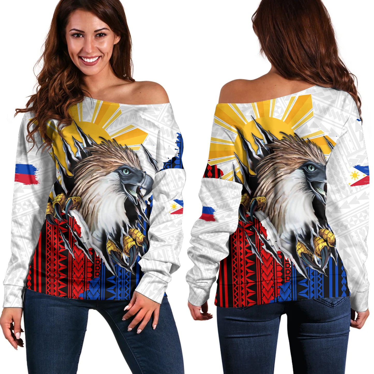 Philippines Filipinos Off Shoulder Sweatshirt Eagle Claws Scratching Grunge Style