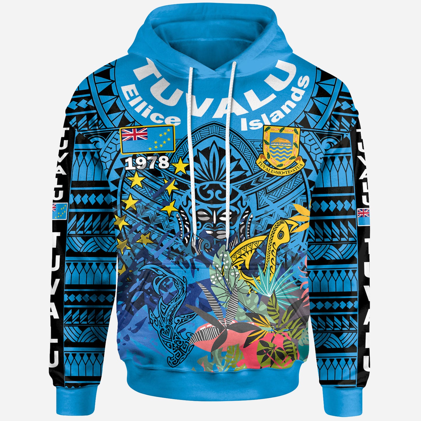 Tuvalu Ellice Islands Polynesian Hoodie - Custom Tuvalu Coat Of Arms With Tropical Flowers And Hei Matau 1978 Hoodie