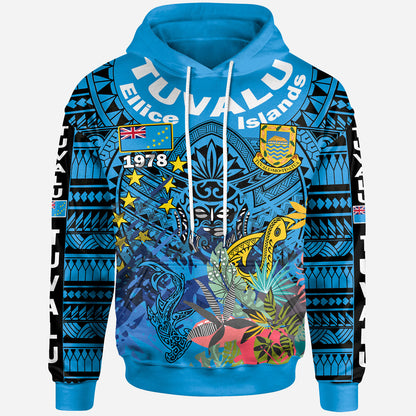 Tuvalu Ellice Islands Polynesian Hoodie - Custom Tuvalu Coat Of Arms With Tropical Flowers And Hei Matau 1978 Hoodie