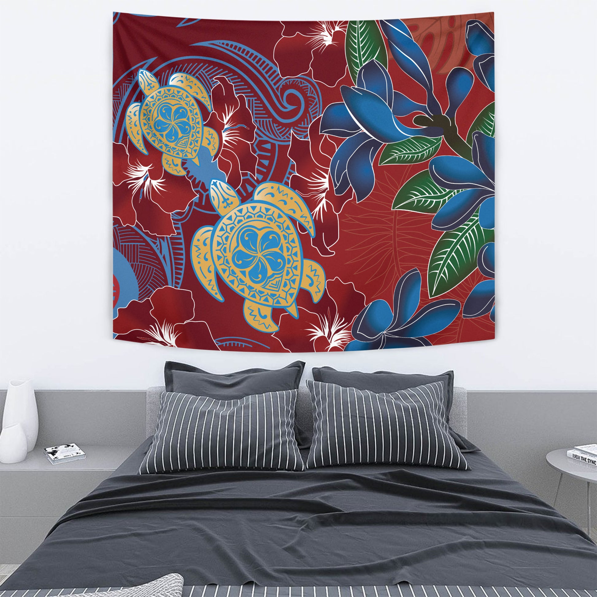 Hawaii Tapestry Polynesian Cultures Turtle Couple Tropical Flowers Red Color