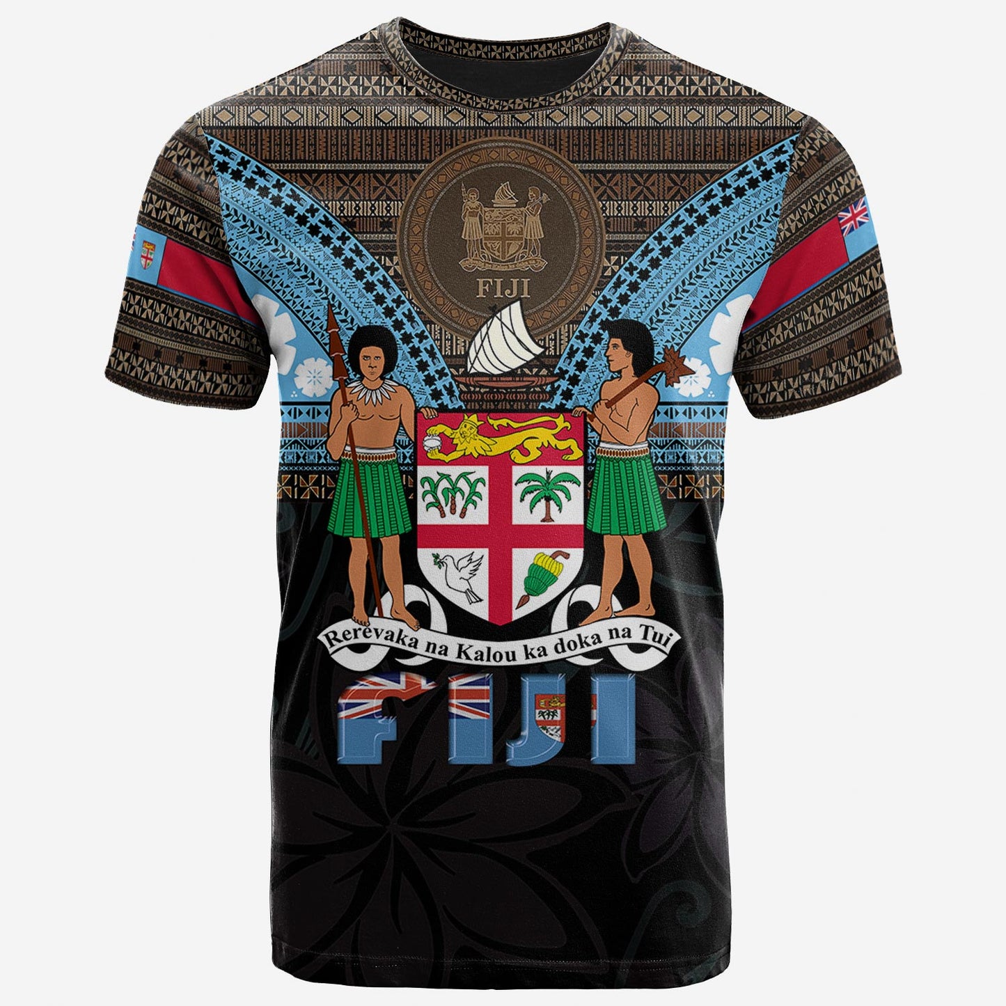 Fiji T-Shirt Fiji Brown Masi Design With Coat Of Arms Tribal Half Black