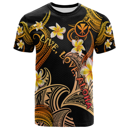 Personalized Kanaka Maoli T-shirt - Hawaii Polynesian Waves with Plumeria Flowers (Orange)