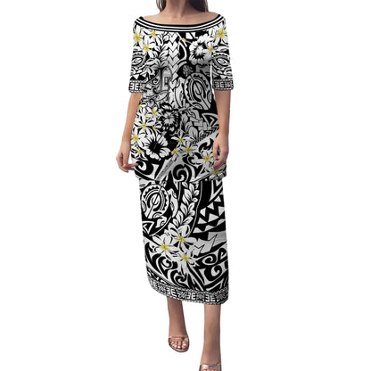 Polynesian Puletasi Tropical Tribal Turtle With Fish Hook Pure Black