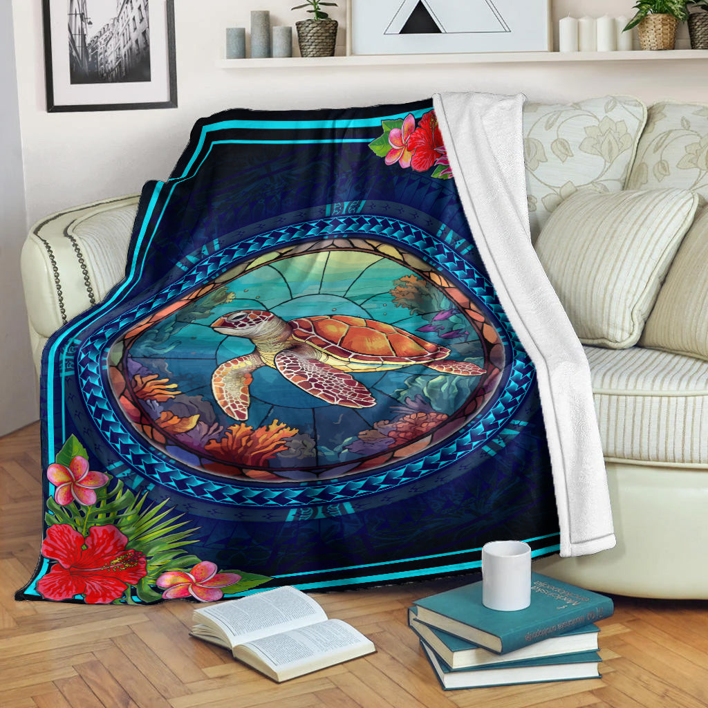 Hawaii Premium Blanket Polynesian Patterns Turtle Mascot WaterColor Style