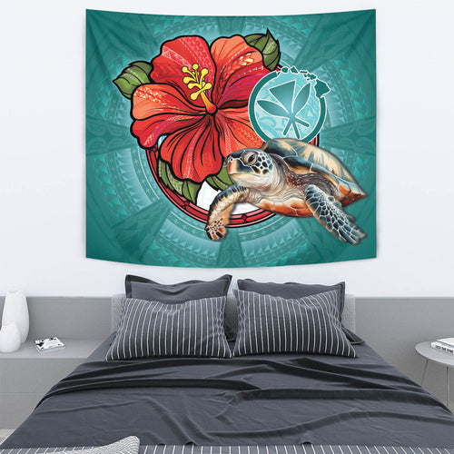 Hawaii Tapestry Hawaiian Map Turtle Hibiscus Flowers Polynesian Patterns Style