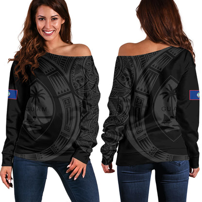 Guam Off Shoulder Sweatshirt Polynesia Tribal Spirits Of Guam Seal