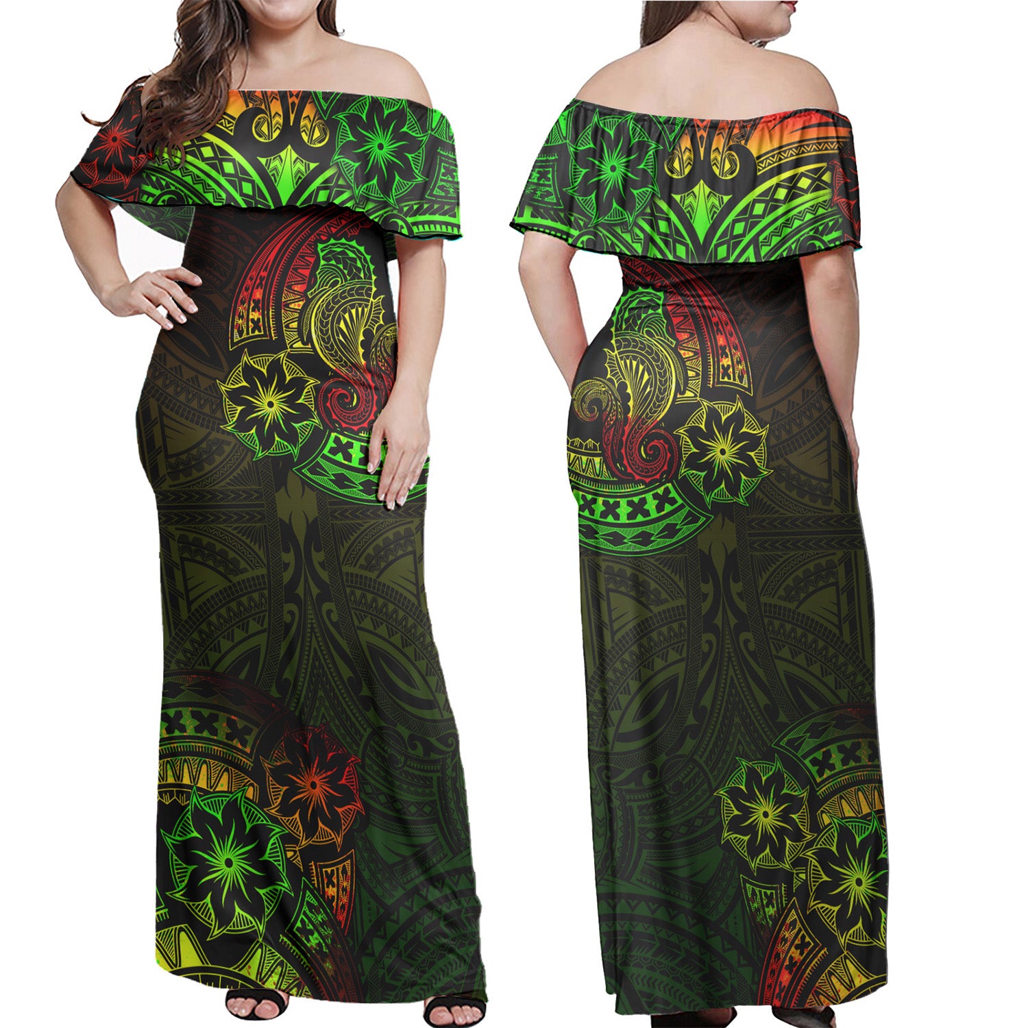 Hawaii Off Shoulder Long Dress Seahorse Polynesian Tattoo Reggae