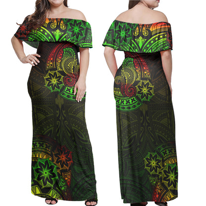 Hawaii Off Shoulder Long Dress Seahorse Polynesian Tattoo Reggae