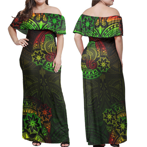 Hawaii Off Shoulder Long Dress Seahorse Polynesian Tattoo Reggae